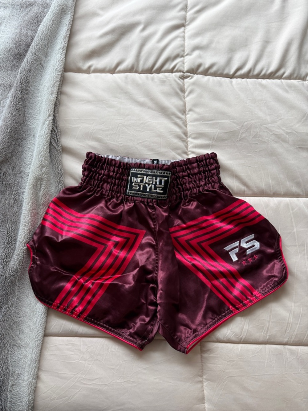 In Fight Style Muay Thai Satin Shorts in Burgundy with Pink Accents
